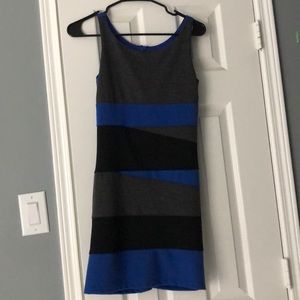 blue and grey fitted striped dress